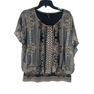Style & Co Blouse Women's XL Boho Print Short Sleeve Blouse Top Beige
